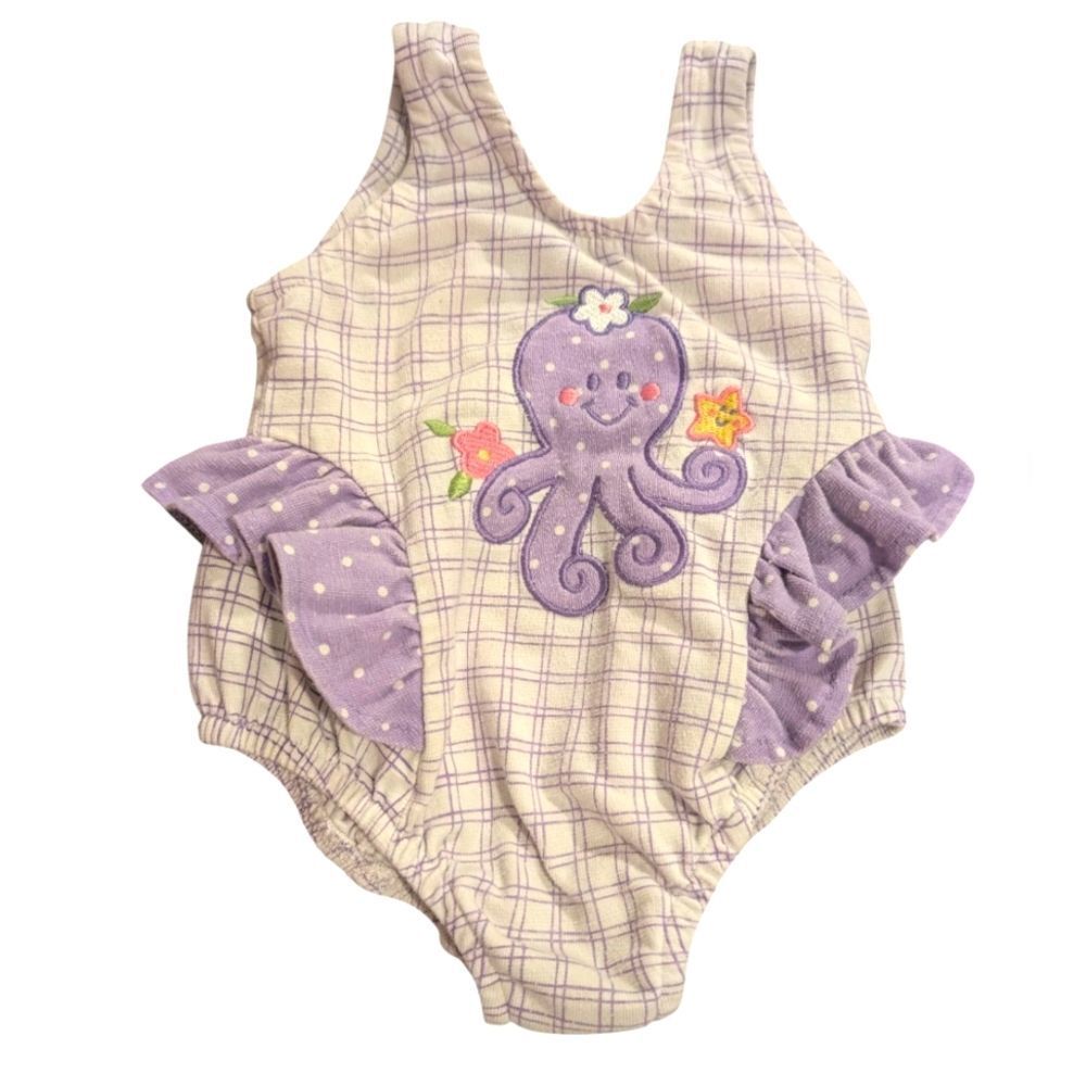 80s Vintage Infant Girls Pastel Purple Embroidered‎ Octopus Swimsuit  Ruffle